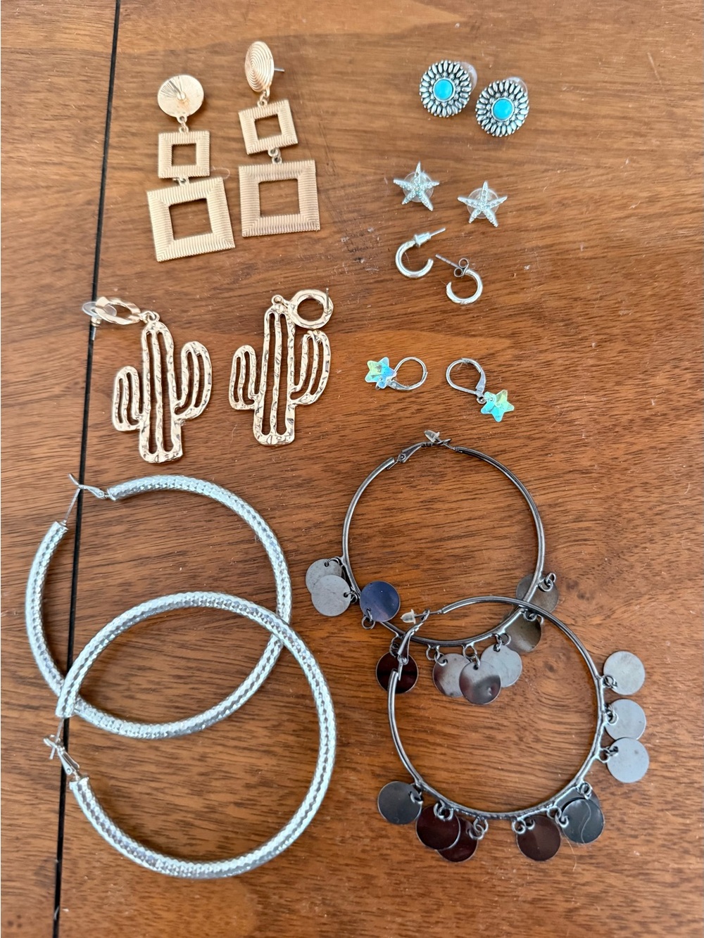 Large Mixed Fashion Earring Lot – 9 Pairs – Hoops, Cactus, Starfish & More